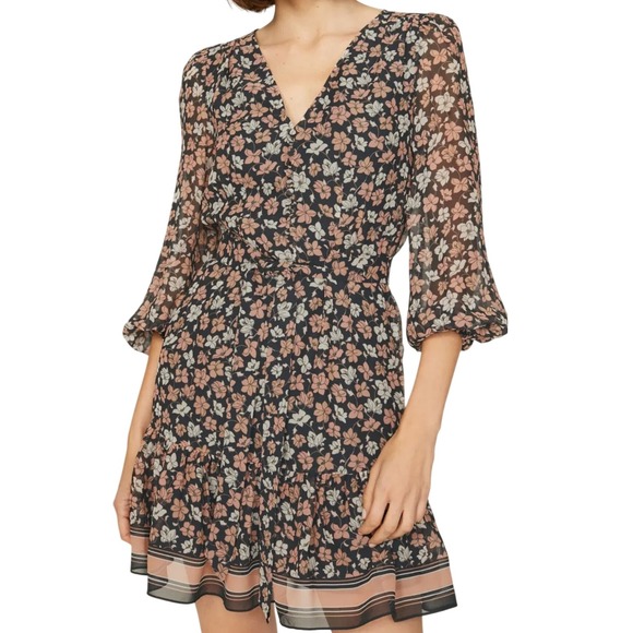 Club Monaco Floral 100% Silk Dress Women 10 V-Neck Fairy Balloon Sleeve FLAWS - Picture 1 of 16
